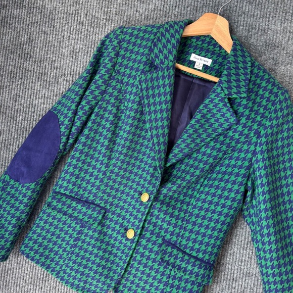 Vintage Y2K Revival Blazer 6 Houndstooth Elbow Patch Green Blue Equestrian Flair - Picture 1 of 9